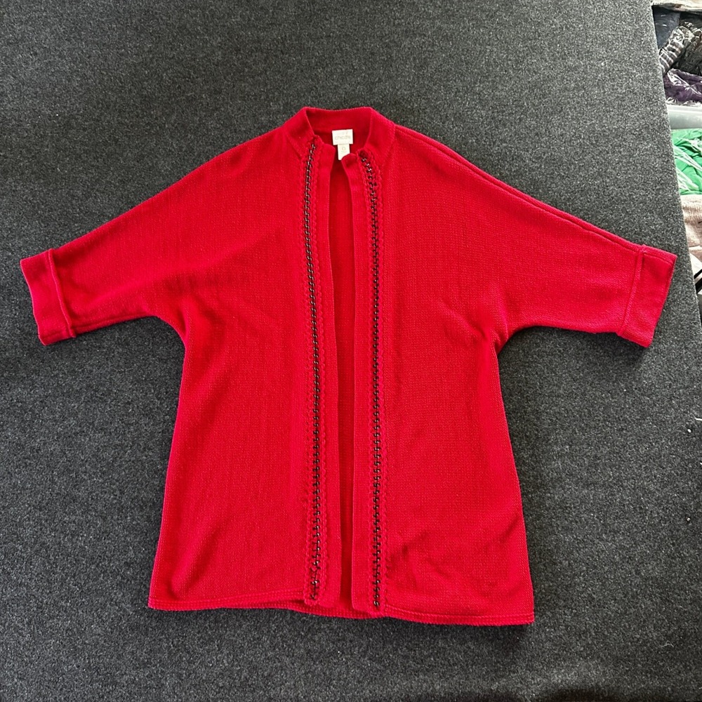 Chicos Red Chain Trim Open Front Cardigan Sweater Short Sleeve Mock Neck Size 0